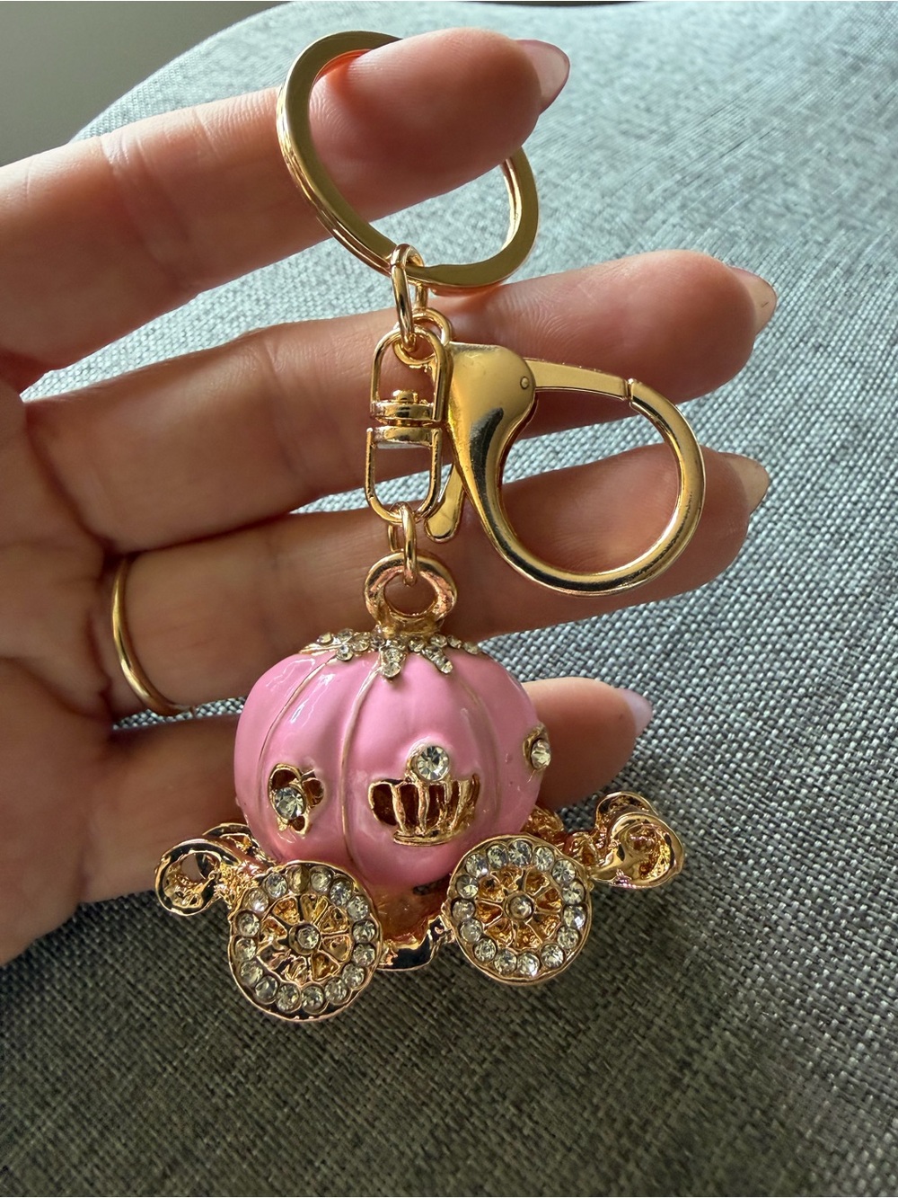 Gold-Tone Pink Cinderella Carriage Keychain Charm